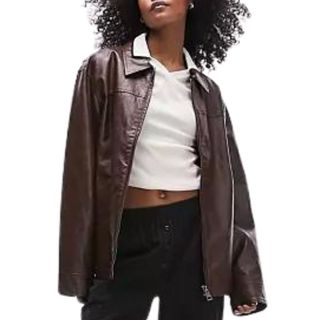 Topshop faux leather cracked vinyl jacket in brown