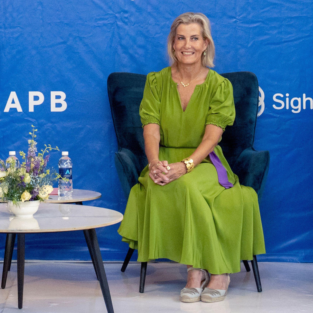 Duchess Sophie wearing a lime green dress with a purple sash