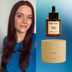 collage of brooke knappenberger on gradient blue background with Bur Bur Growing Season hair oil and Hindsgual The Scalp Scrub Shampoo