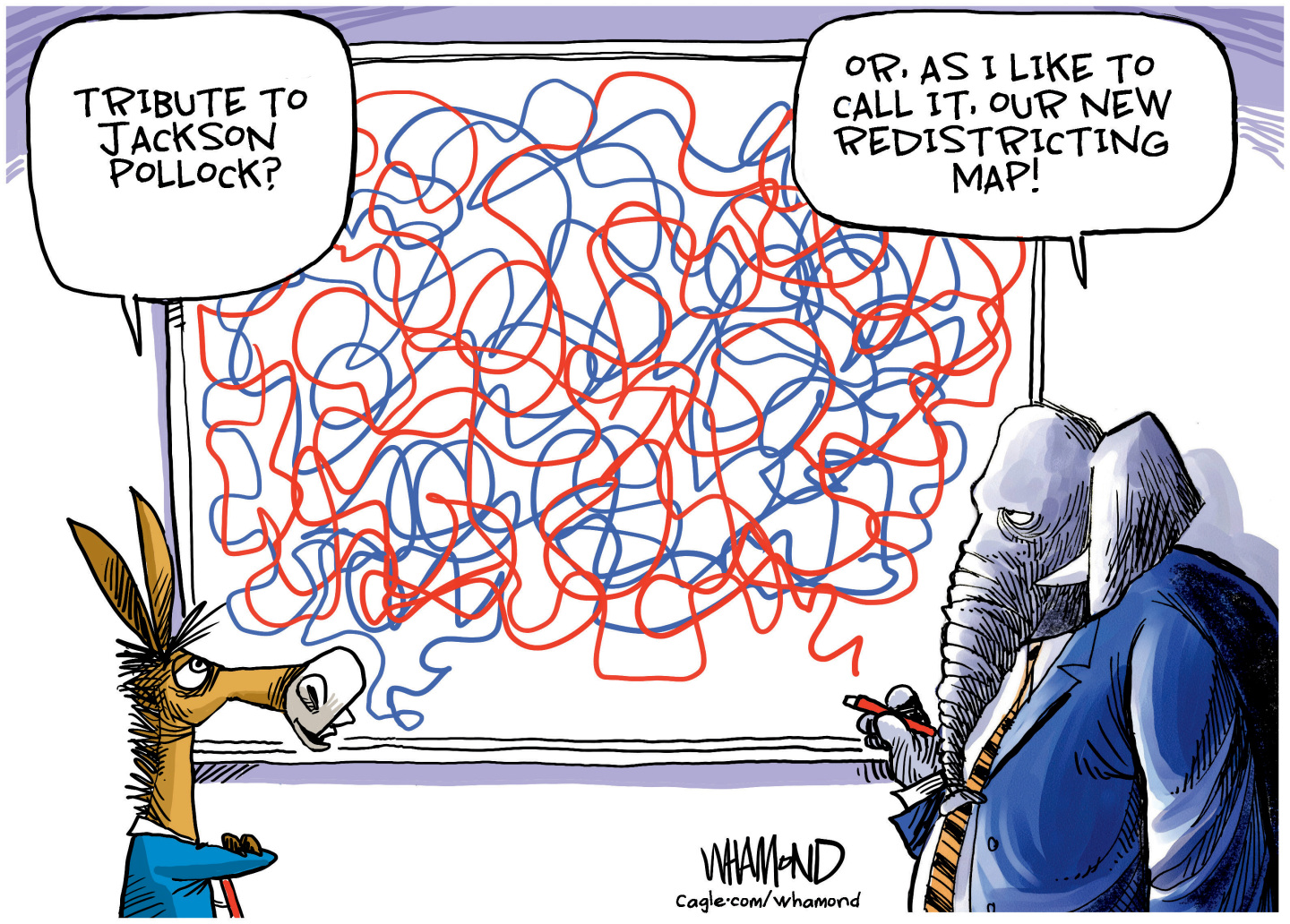 This cartoon shows a donkey and an elephant in suits looking at a large canvas filled with a giant jumble of squiggly lines. The donkey says, “Tribute to Jackson Pollock?” The elephant holds a pen and says, “Or, as I like to call it, our new redistricting map!”
