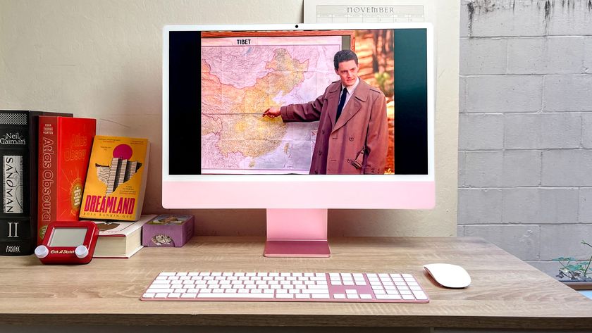 Apple iMac M4 review unit on desk playing Twin Peaks