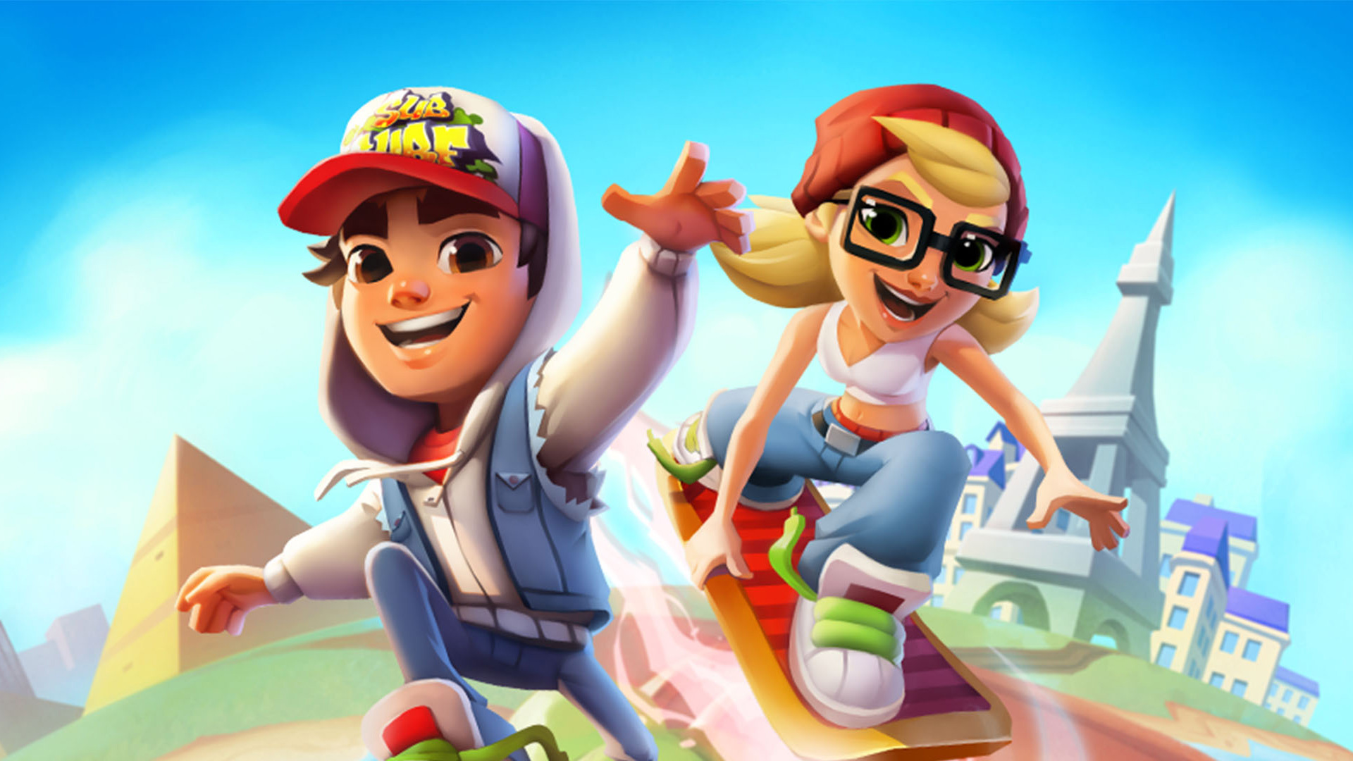 Press image for Subway Surfers codes showing two character riding hoverboards