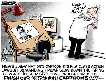 Political cartoon U.S. White House chaos Scaramucci fired cartoonists