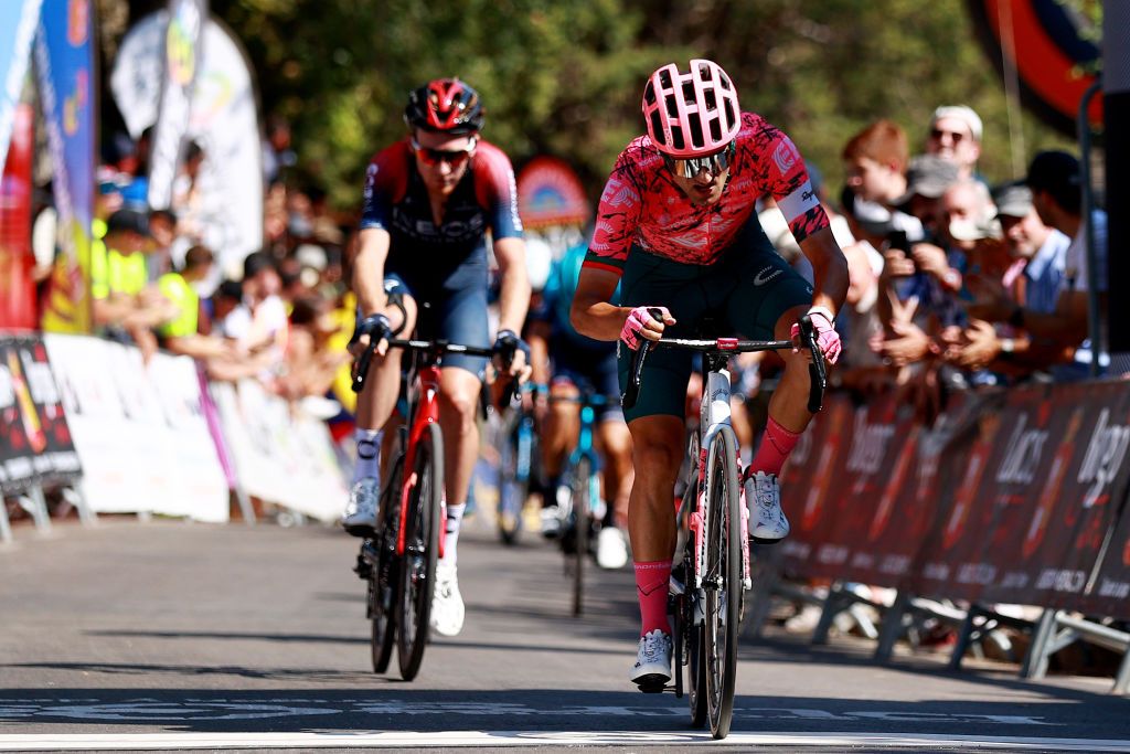 BURGOS SPAIN AUGUST 02 Ruben Guerreiro of Portugal and Team EF Education Easypost crosses the finishing line on second place ahead of Tao Geoghegan Hart of United Kingdom and Team INEOS Grenadiers during the 44th Vuelta a Burgos 2022 Stage 1 a 157km stage from Catedral de Burgos to Mirador del Castillo Burgos VueltaBurgos on August 02 2022 in Burgos Spain Photo by Gonzalo Arroyo MorenoGetty Images