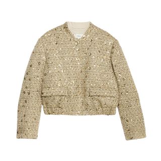 Cut out image of a gold tweed sequin bomber jacket from M&S