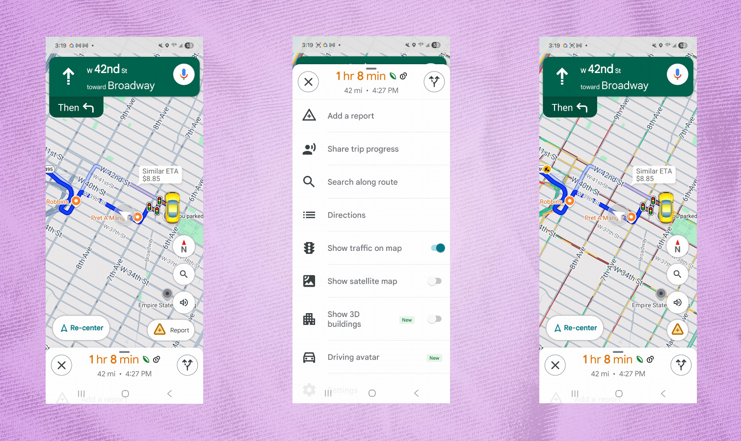 Google Maps screenshots showing how to enable show traffic on map.