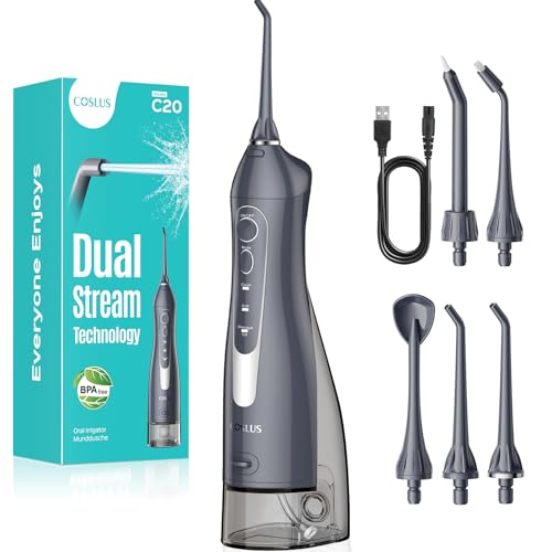 Coslus Water Dental Flosser Teeth Pick: 2025 Upgraded Portable Cordless Waterproof Flossing 300ml Rechargeable Travel Irrigation Cleaner Ipx7 Gray