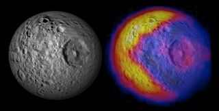 This figure illustrates the unexpected and bizarre Pac-Man like pattern of daytime temperatures found on Saturn's small inner moon Mimas. The heat map was compiled from data recorded by the Cassini spacecraft during a Feb. 13, 2010 flyby of Mimas.