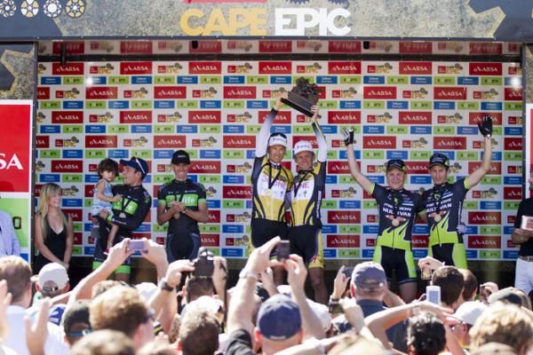 the overall podium (L to R) Kevin Evans &amp; David George of Team 360Life (2nd), Christoph Sauser &amp; Burry Stander of Songo-36One-Specialized (1st), Hannes Genze &amp; Roger Mennem of Multivan-Merida Biking Team (3rd)
