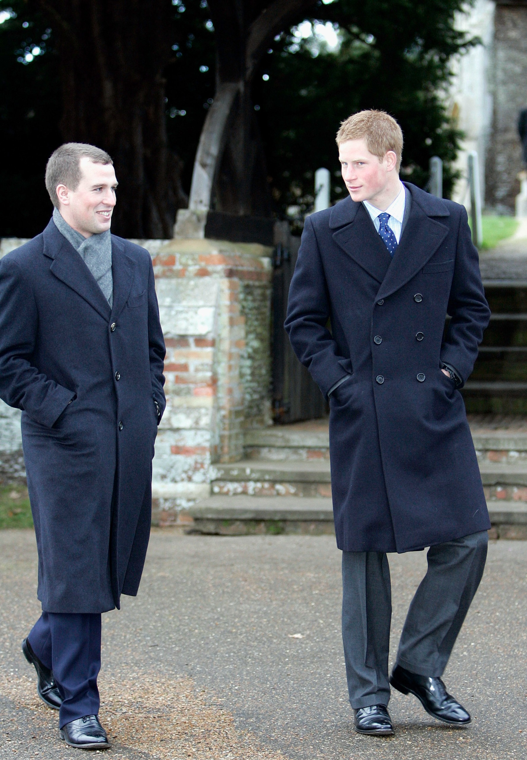Prince Harry and his cousin Peter Phillips attend Christmas Day service at Sandringham Church on December 25, 2005