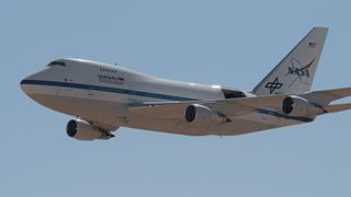 NASA's Stratospheric Observatory for Infrared Astronomy aircraft flying in the sky.