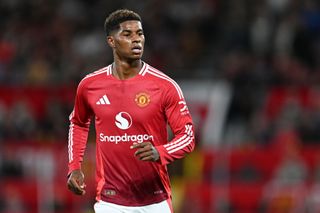 MANCHESTER, ENGLAND - AUGUST 16: Marcus Rashford of Manchester United looks on during the Premier League match between Manchester United FC and Fulham FC at Old Trafford on August 16, 2024 in Manchester, England. (Photo by Michael Regan/Getty Images)