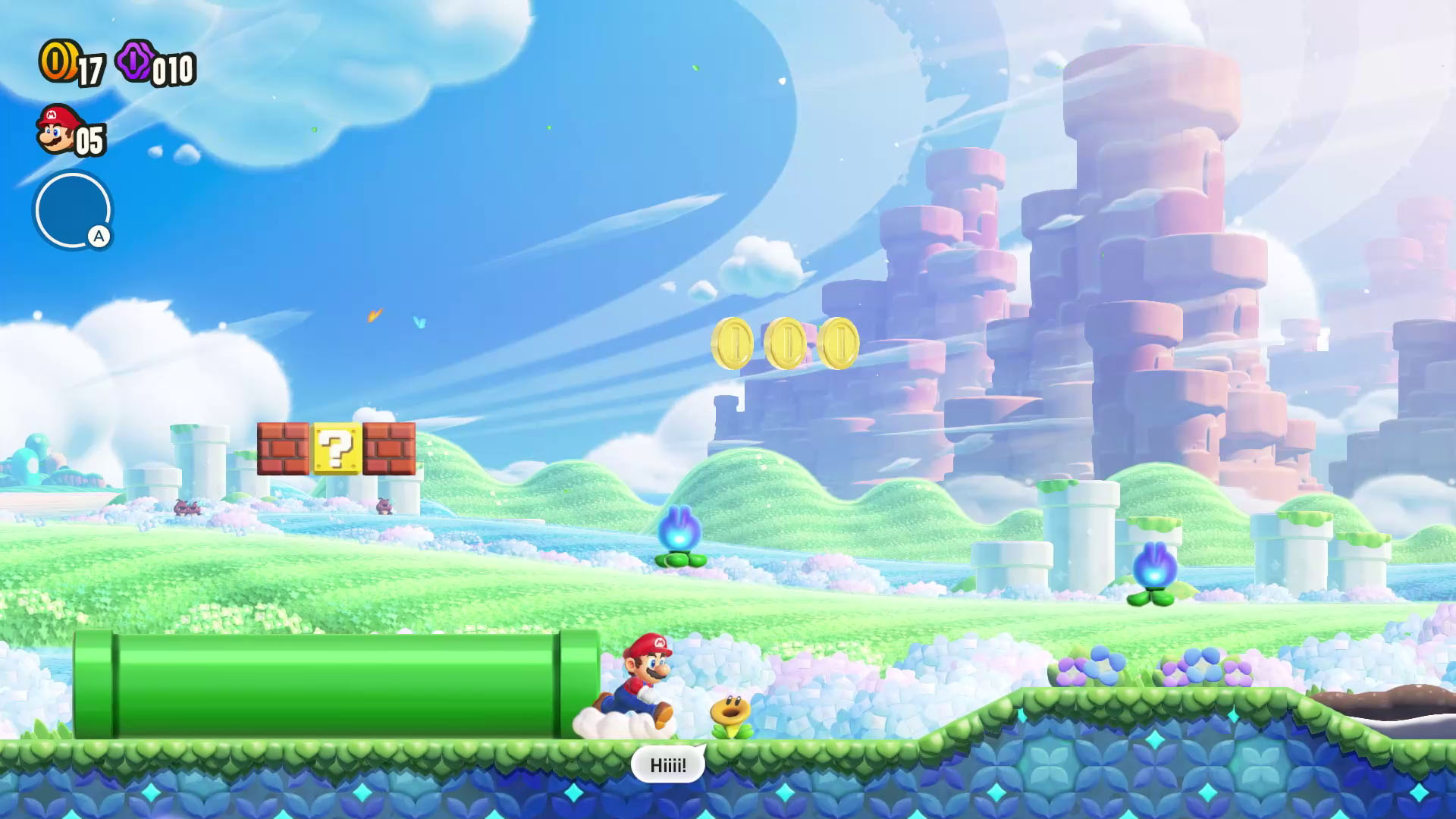 Mario talking with a talking flower in Super Mario Bros.  Wonder