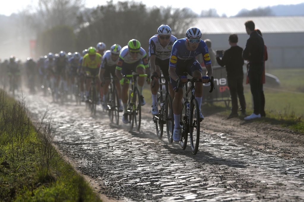 DOUR BELGIUM MARCH 02 Jannik Steimle of Germany and Team Deceuninck QuickStep during the 53rd Grand Prix Le Samyn 2021 Mens Elite a 2054km race from Quaregnon to Dour Cobblestones Dust GPSamyn on March 02 2021 in Dour Belgium Photo by Luc ClaessenGetty Images