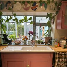 Country kitchen sink framed with bunches of flowers and trailing plants, topped with plate wall, with window looking out into conservatory and garden in distance