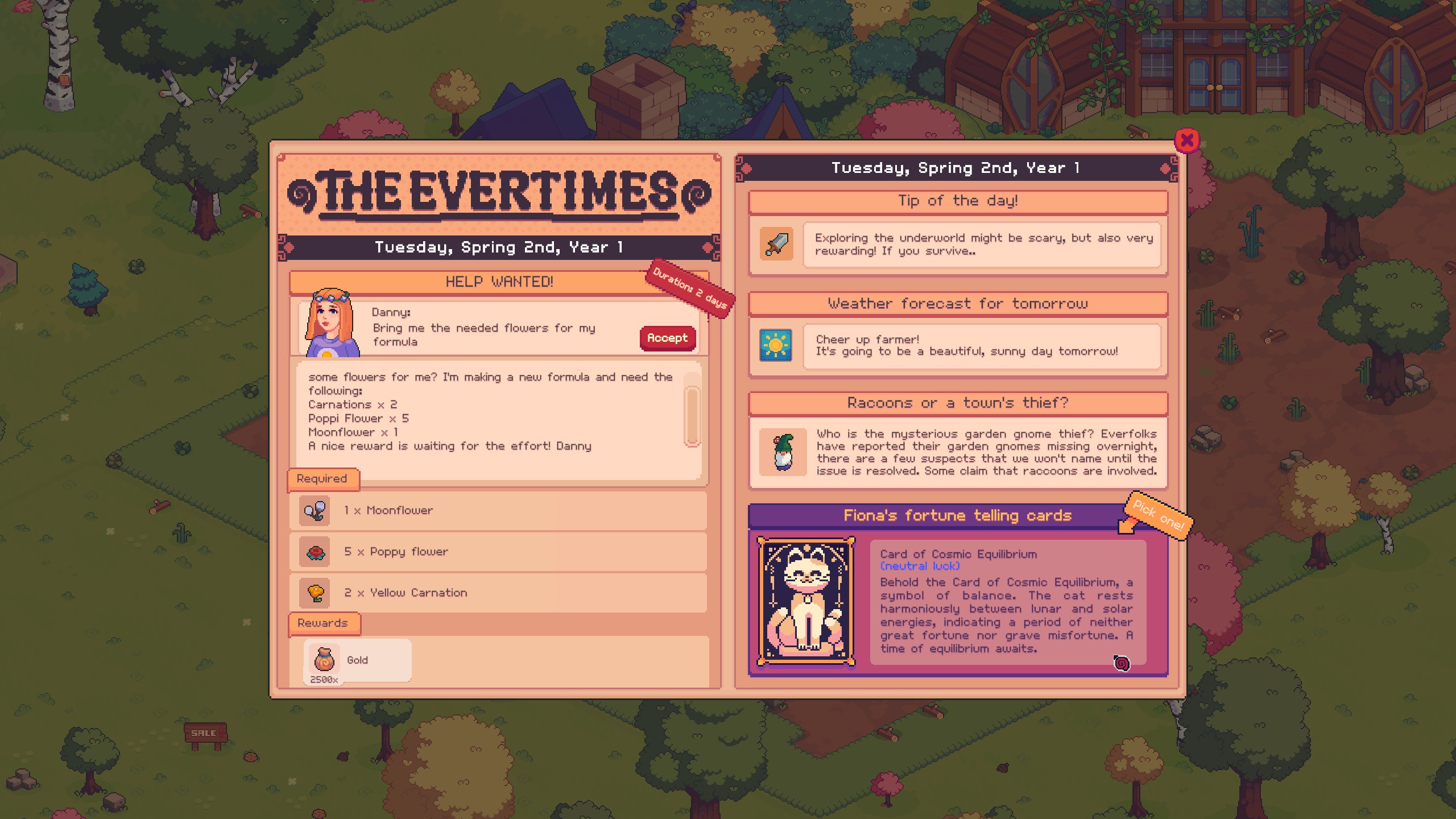 The evertimes paper in Everholm showing an available flower quest, daily luck, and the weather