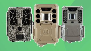 Product shots of the various best trail cameras on a green background