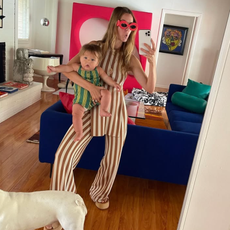 Chelsea Hansford wears stripe trousers