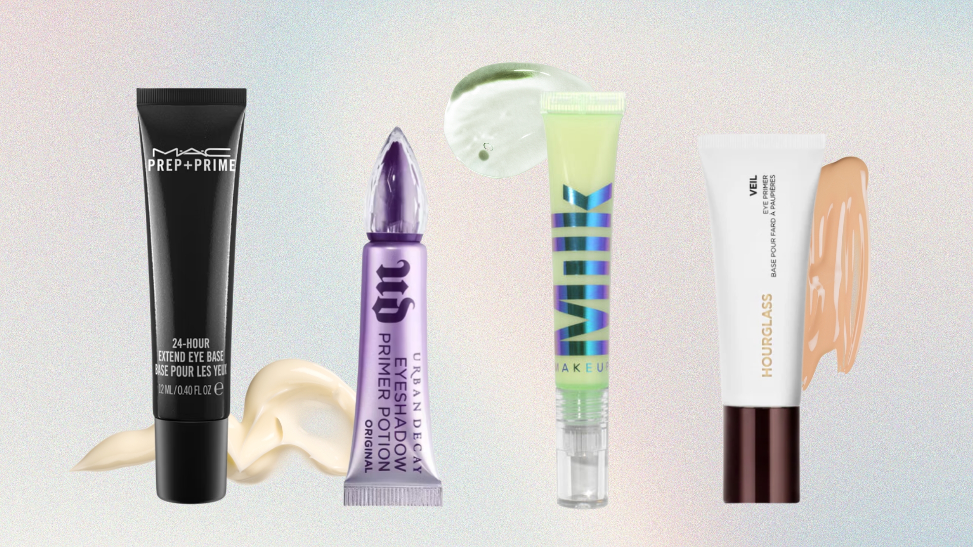 A selection of the best eyeshadow primers featured in this guide, from MAC, Urban Decay, MILK and Hourglass, surrounded by makeup swatches and on a pink, blue and yellow gradient background