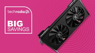 A XFX graphics card against a pink TechRadar Cyber Monday deals background