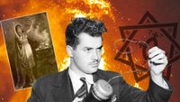 a composite image consisting of a mustachioed man holding a metal cylinder with a fuse, a woman raising her hands next to a bonfire, and an esoteric pentagram symbol, all on a fiery background