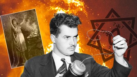 a composite image consisting of a mustachioed man holding a metal cylinder with a fuse, a woman raising her hands next to a bonfire, and an esoteric pentagram symbol, all on a fiery background