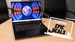 MSI Stealth Ai gaming laptop on a wooden table with epic deals badge and black chair in the background