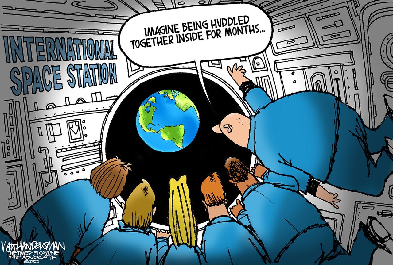 Editorial Cartoon U.S. international space station coronavirus shelter in place huddled