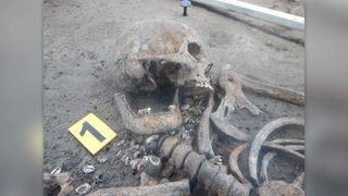 A human skull and bones in a dirt burial