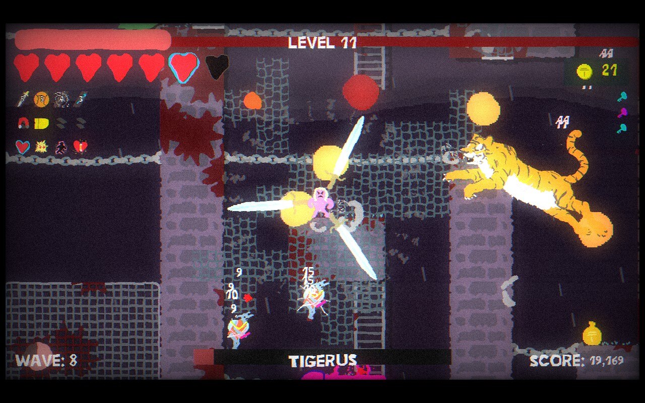 A man surrounded by swords navigates a dungeon