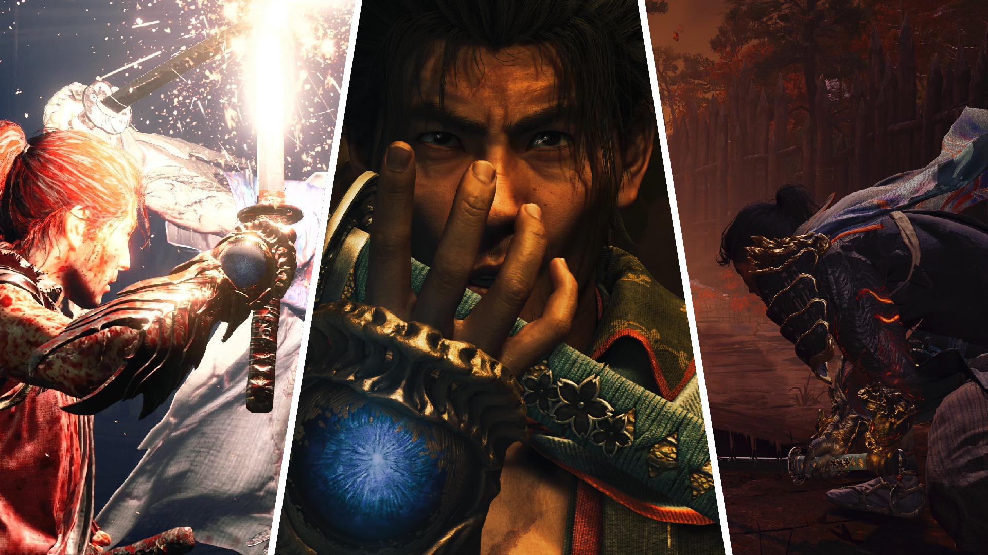 A triple image, showing the protagonist of Onimusha: Way of the Sword in various states of battle.