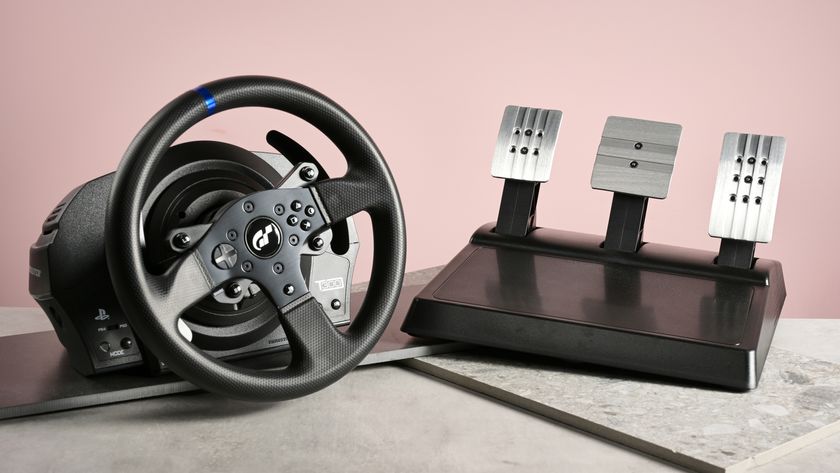 Thrustmaster T300RS GT Edition wheel and pedals on desk