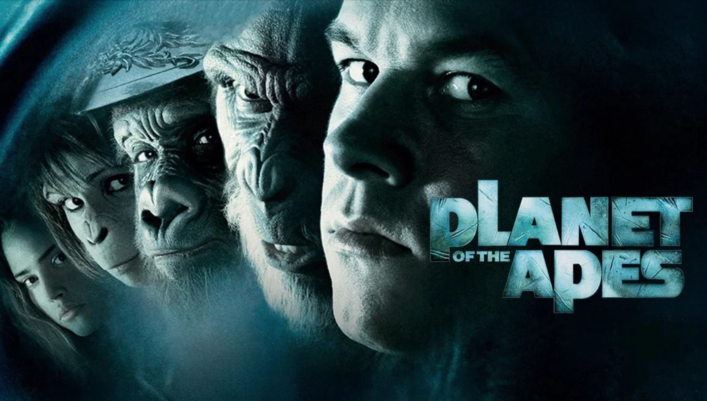 a sci-fi movie promo with apes and humans
