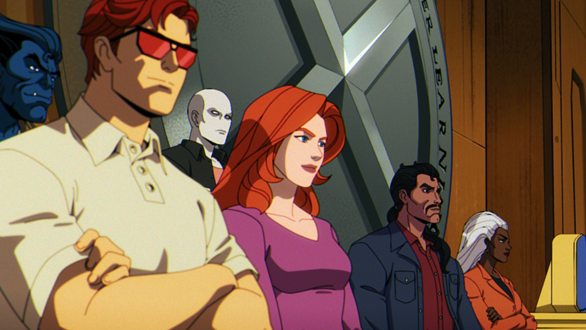 Cyclops, Jean Grey, Morph, Forge, and Storm sitting down in X-Men 97 season 2 episode 6