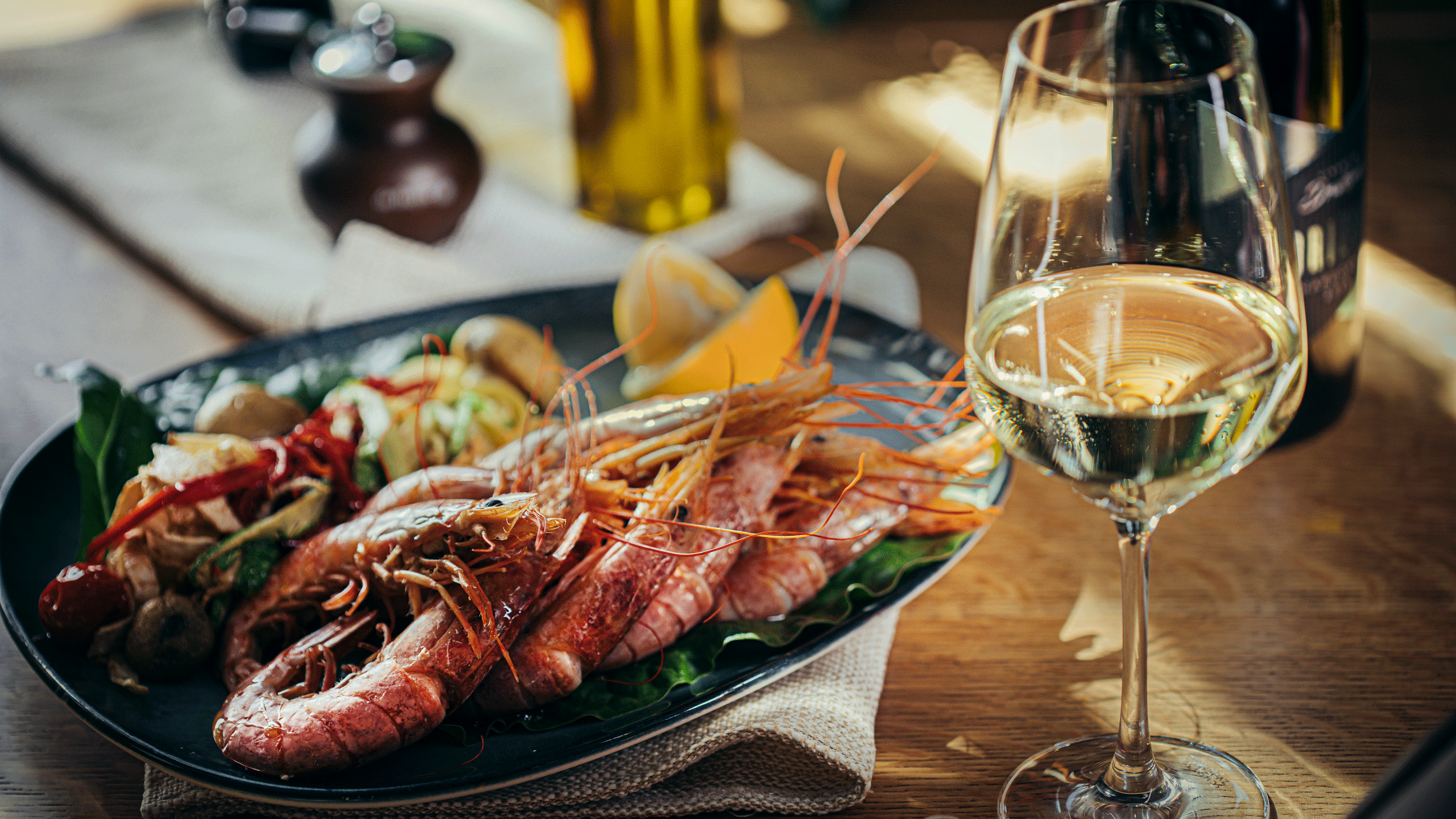 BC spot prawns and wine