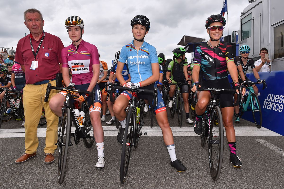 Anna van der Breggen, Cecilie Uttrup Ludwig, and Pauline Ferrand-Pr&eacute;vot on the start line