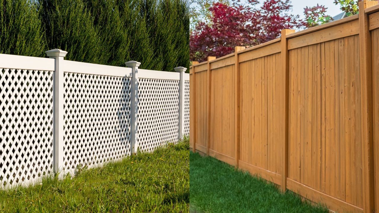 A composite image of a vinyl fence and a wooden fence 