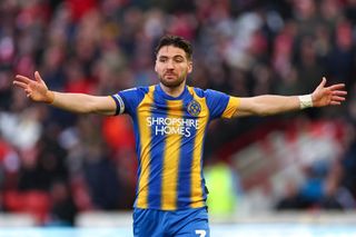 Luke Leahy of Shrewsbury Town reacts during the Sky Bet League One between Barnsley and Shrewsbury Town at Oakwell Stadium on April 10, 2023 in Barnsley, United Kingdom.