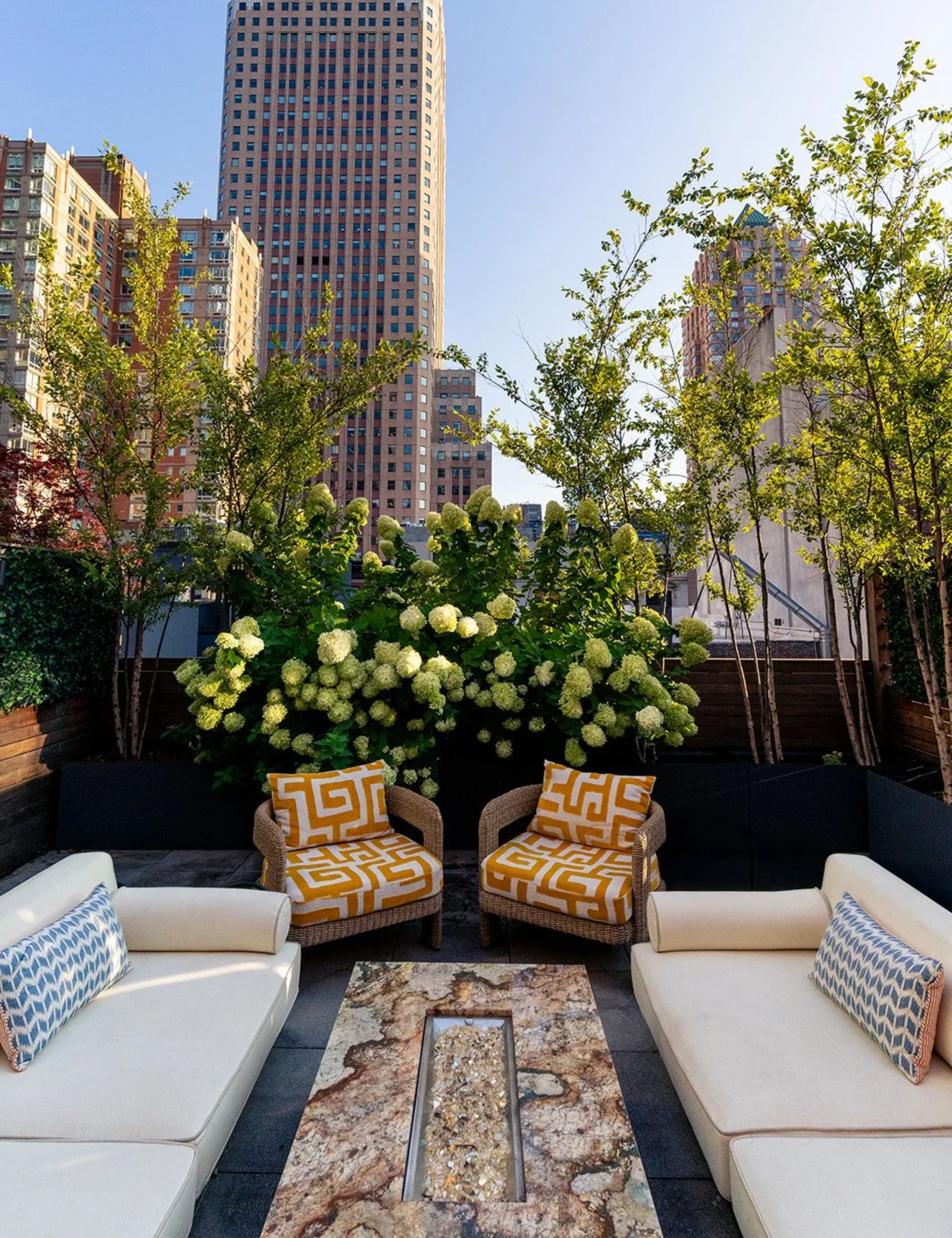 Lush NYC outdoor patio area with blooming hydrangeas, featuring patterned patio furniture and a central marble fire feature.