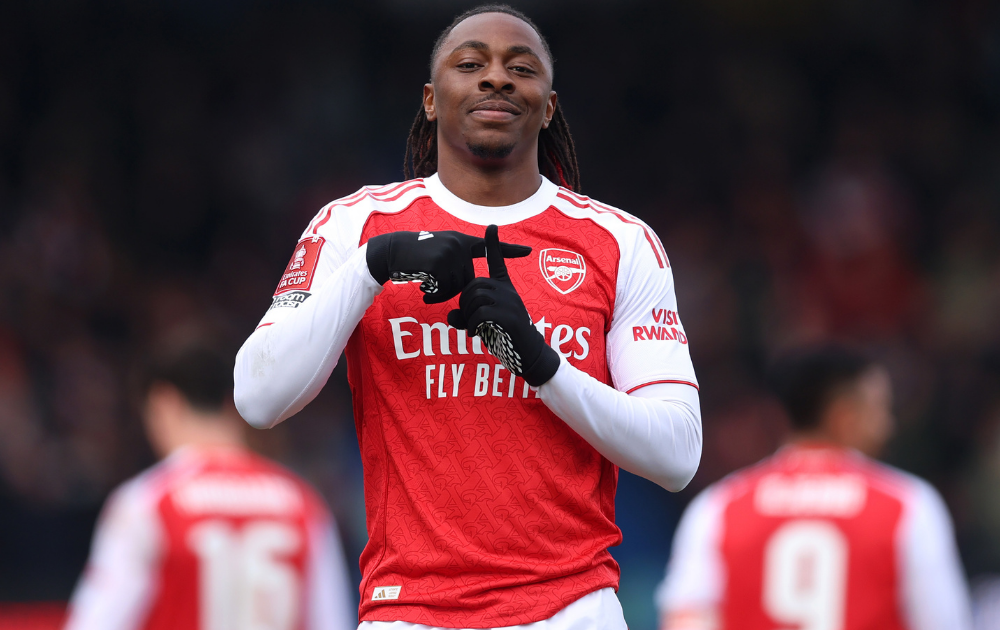 Eberechi Eze of Arsenal celebrates after scoring the second goal to make it 2-1during the Emirates FA Cup Fifth Round match between Mansfield Town and Arsenal on March 07, 2026 in Mansfield, England. 