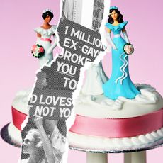 An artistic collage of a wedding cake with two brides as the figurines, mixed with a collage of an LGTBQ+ rights protest.