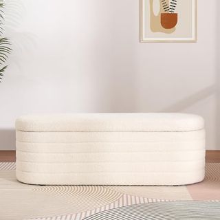Ouchtek Teddy Storage Ottoman Bench Modern Upholstered Storage Bench Sherpa Window Entryway Bench Oval White Ottoman With Storage for Living Room Bedroom Bench End of Bed