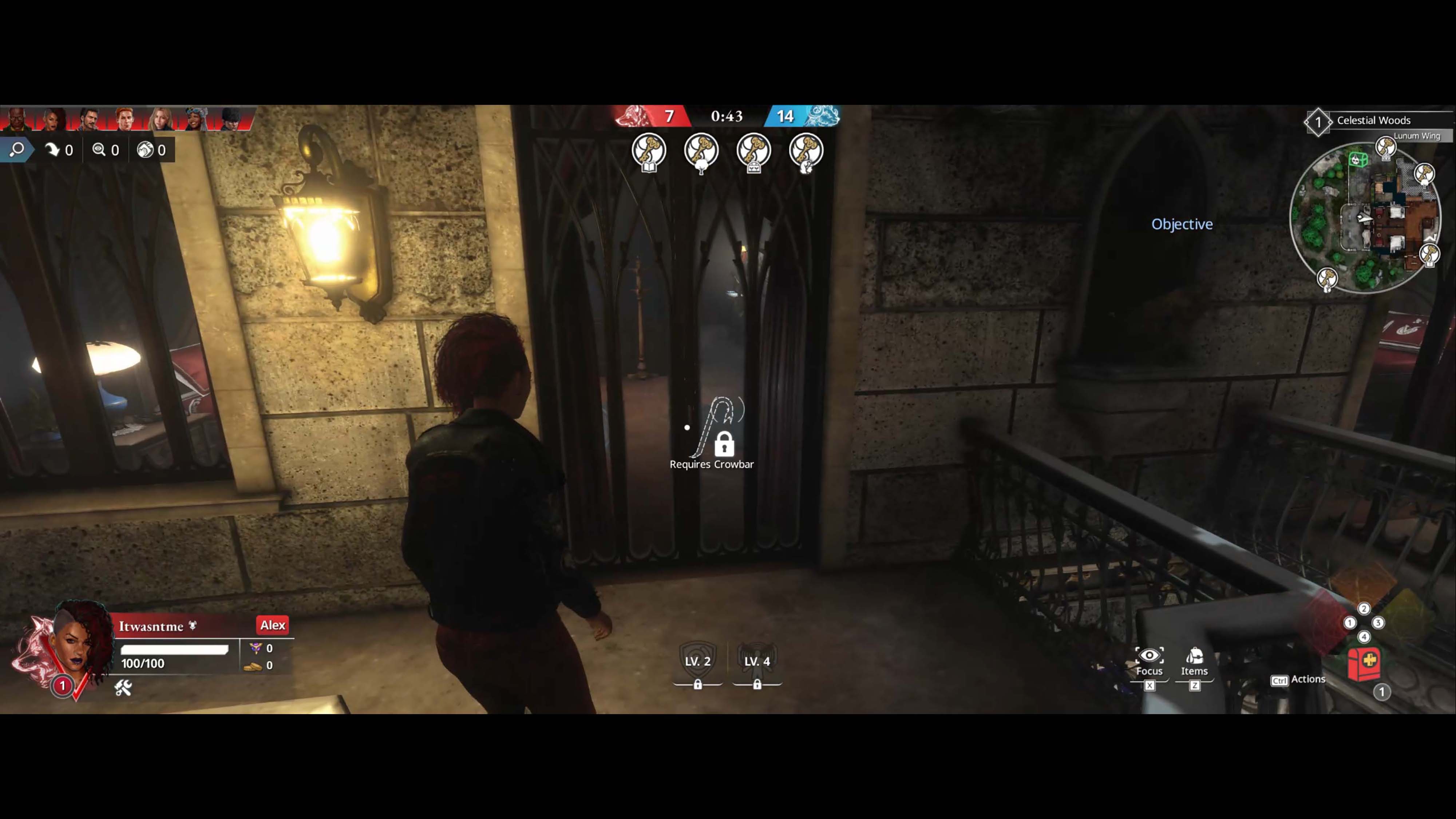 A screenshot from Killer Inn showing that a character needs a crosbar to break open a glass door.