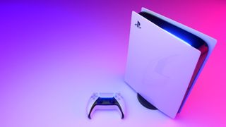 Sony PS5 on a colorful backdrop