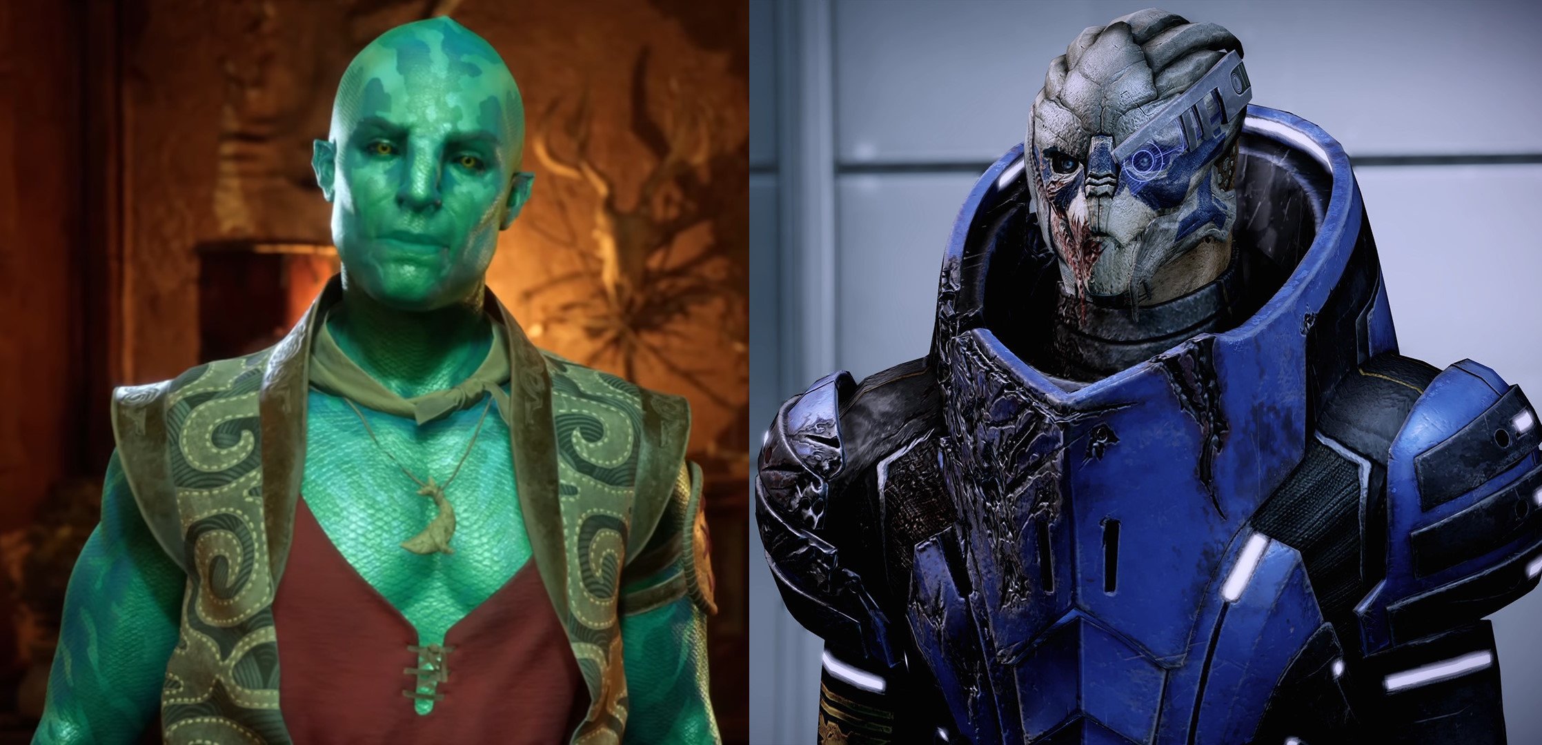 Side-by-side portraits of Kai from Avowed and Garrus Vakarian from Mass Effect
