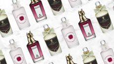 A collage of Penhaligon's perfumes including stock images of bottles of the Halfeti, Elisabethan Rose and The Bewitching Yasmine scents, arranged in a diagonal line pattern on a white and grey marble-effect template