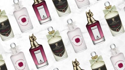 A collage of Penhaligon's perfumes including stock images of bottles of the Halfeti, Elisabethan Rose and The Bewitching Yasmine scents, arranged in a diagonal line pattern on a white and grey marble-effect template