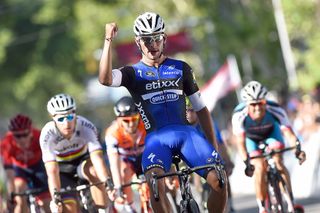 Fernando Gaviria celebrates winning stage 2 at the Tour de San Luis.