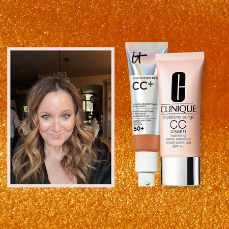 mature woman taking a selfie on a sparkly orange background with two cc creams next to her