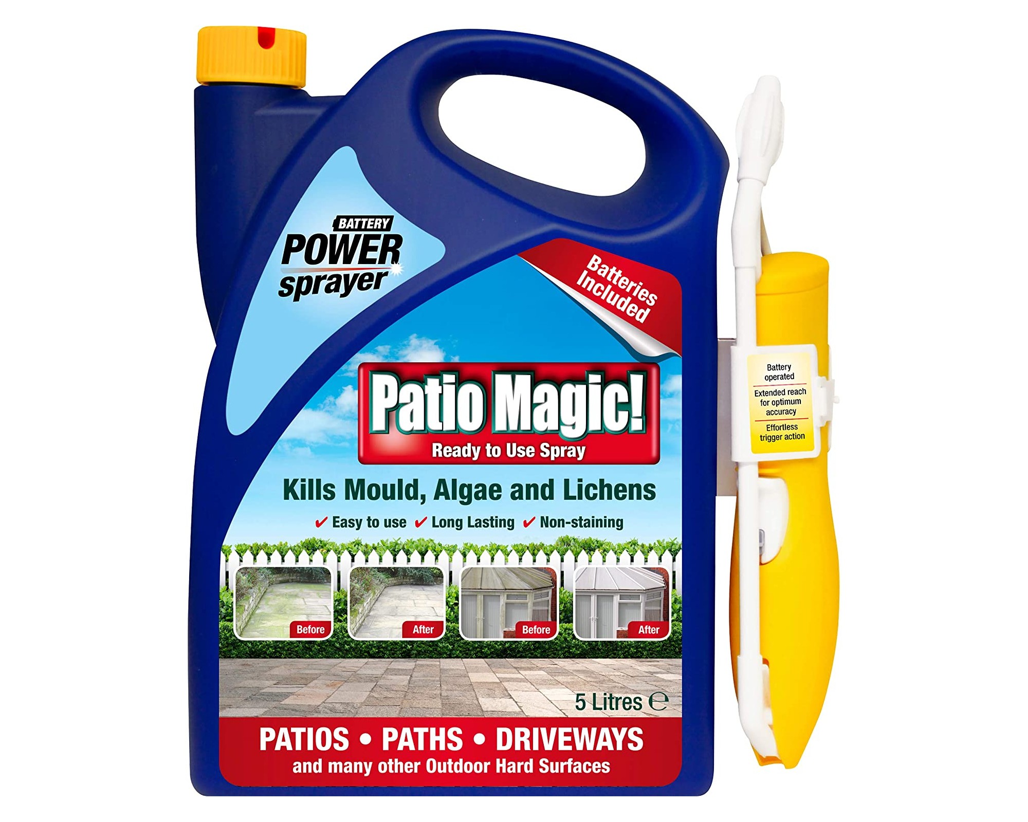 A blue bottle of Patio Magic! patio cleaner with a battery operated sprayer included